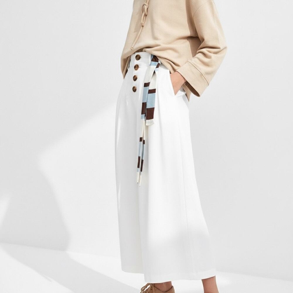 Zara White High Waisted Wide Leg Cropped Culottes Pants Front Buttons Size S